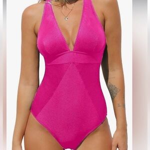 NWT CUPSHE Deep V Neck Ribbed Fushia Tummy‎ Control Bathing Suit - M